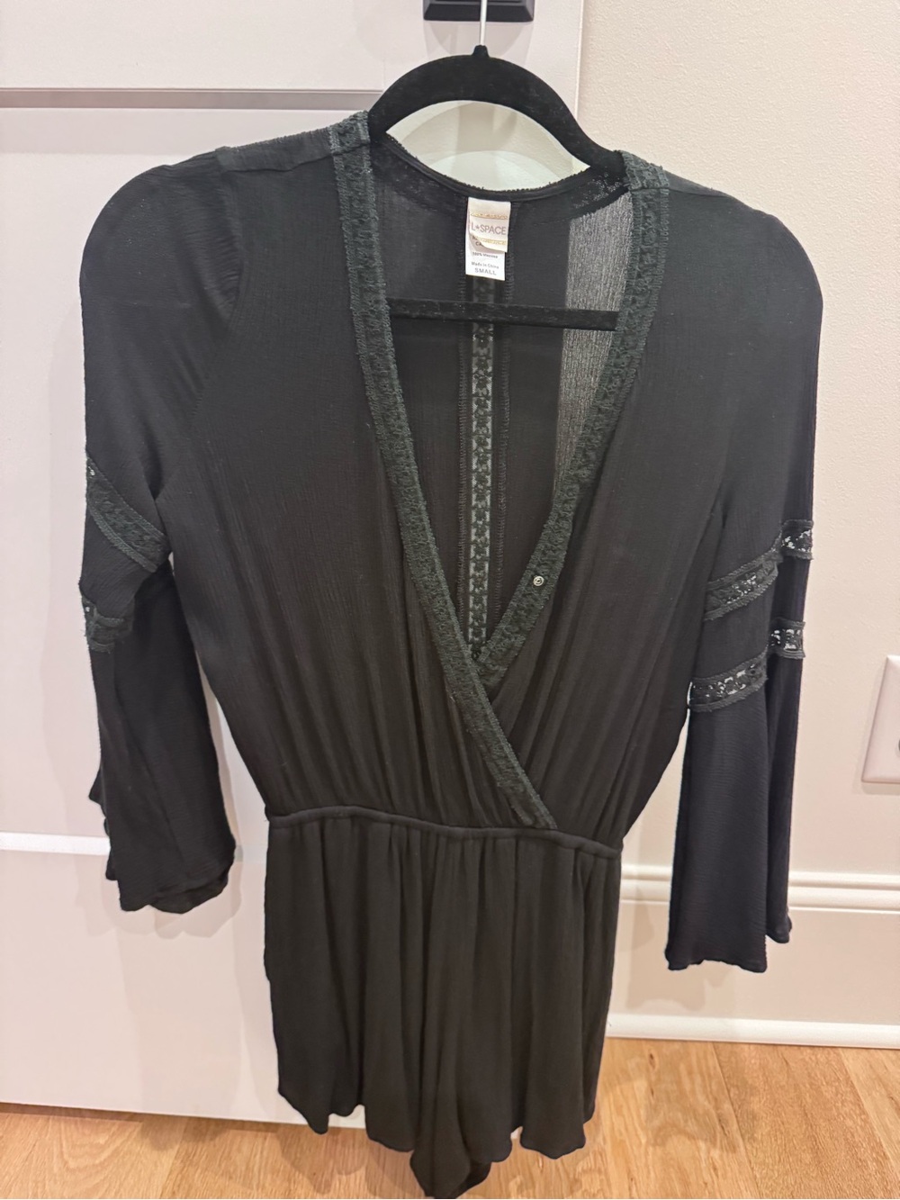 l*space Black Lace-Trim Long Sleeve Wrap Shorts Romper/ cover-up.